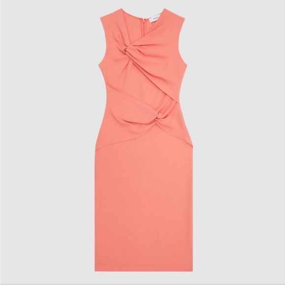 Reiss Dress Womens 8 Alex Ruched Twist Front Coral Sheath - Picture 3 of 13